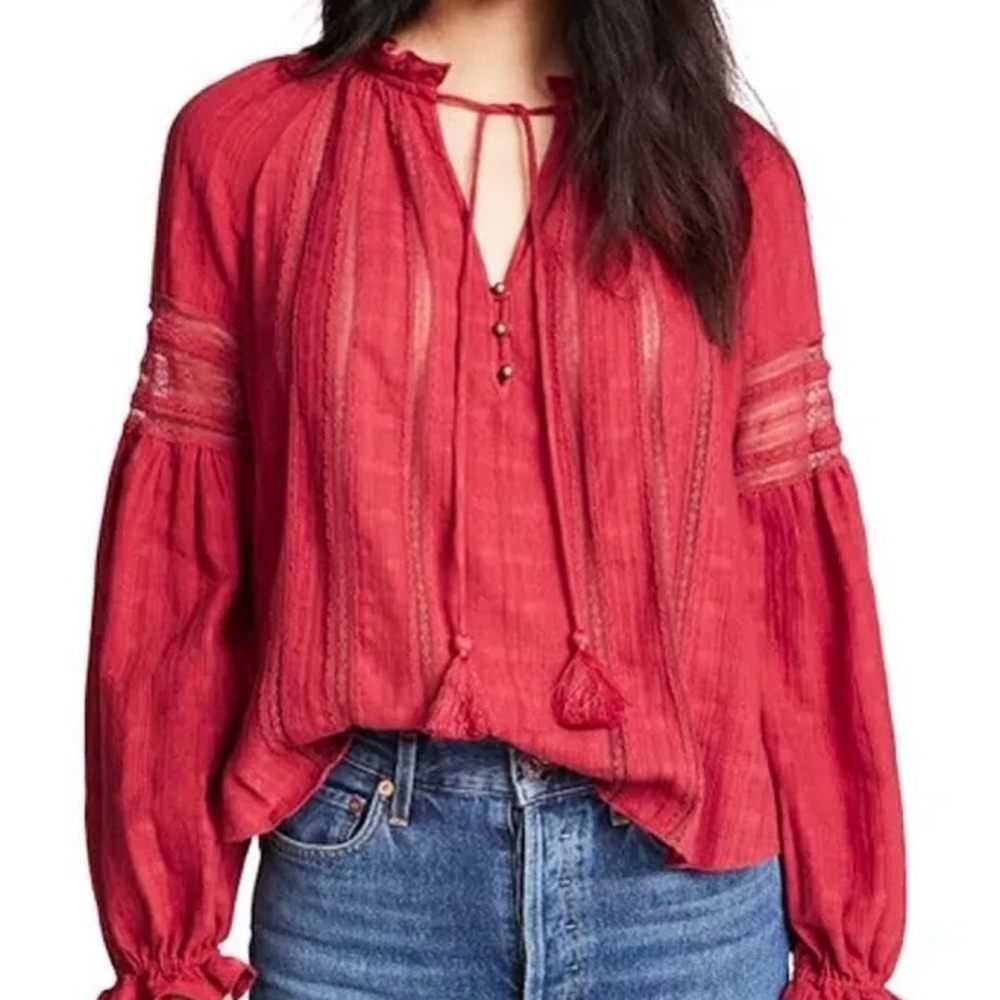 Veronica Beard Kalina Red Tassel Tie Peasant Blouse Size 2